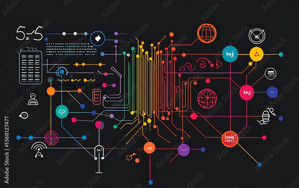 Obraz premium A flow chart with multiple connected lines and colorful dots representing data