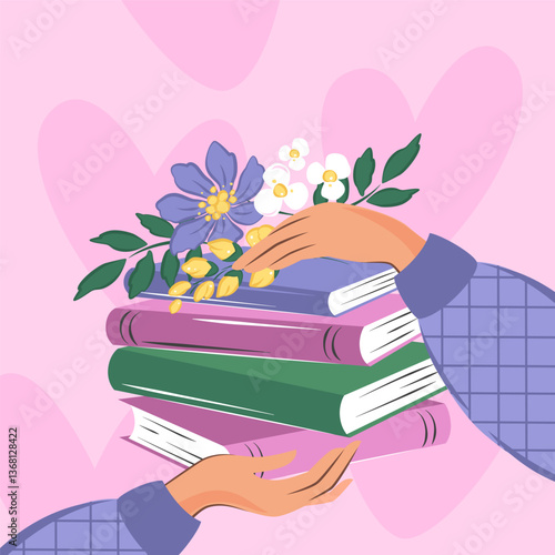 Layout design for bookstore, library, sale in bookshop.  Hands holding a book. Vector illustration for banner, cover, marketing, sale.
