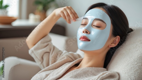 Relaxing skincare routine featuring a woman with a blue face mask in a cozy indoor setting during the day
