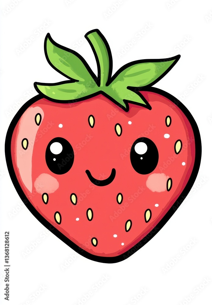 Obraz premium Cute Cartoon Strawberry with Smiling Face and Green Leaves