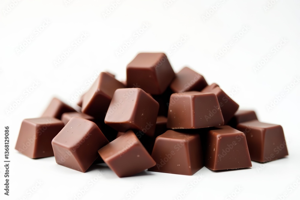 Pile of delectable chocolate chunks against white backdrop, confectionery, dark, sweet Pile of delectable chocolate chunks against white backdrop, confectionery, dark, sweet