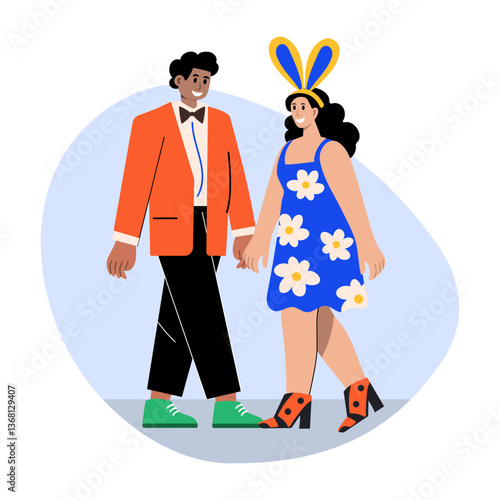 A flat style illustration of a couple celebrating easter together 