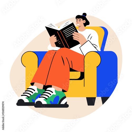 A flat style illustration of a person reading a book 