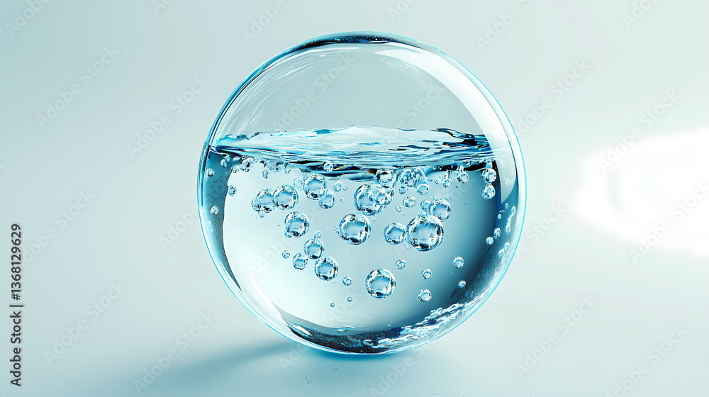 Transparent sphere holding water with air bubbles floating in it on a gradient background Transparent sphere holding water with air bubbles floating in it on a gradient background