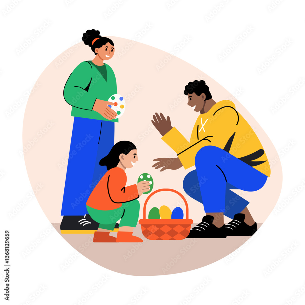 Some characters hiding eggs on easter, flat illustration Some characters hiding eggs on easter, flat illustration