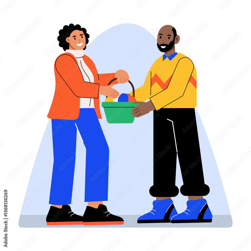 A character giving hamper to his friend, flat illustration A character giving hamper to his friend, flat illustration