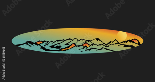 Sunset over the Mountains, in elliptical perspective. Nature vector illustration