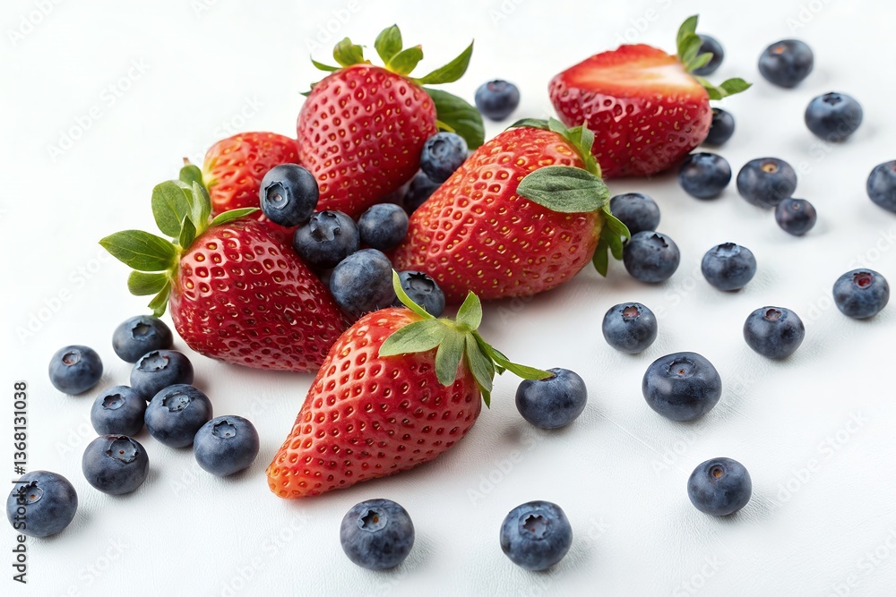 A vibrant medley of juicy strawberries and plump blueberries, a delightful summer harvest bursting with freshness and natural sweetness, scattered artfully on a bright white background. A vibrant medley of juicy strawberries and plump blueberries, a delightful summer harvest bursting with freshness and natural sweetness, scattered artfully on a bright white background.