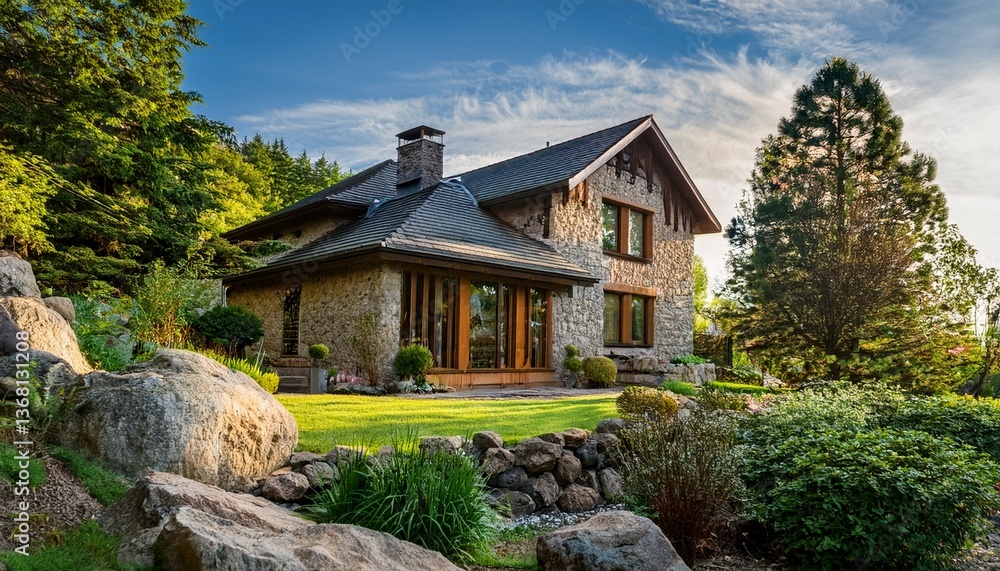 Fototapeta premium a charming stone house surrounded by lush greenery and rocks showcasing natural beauty