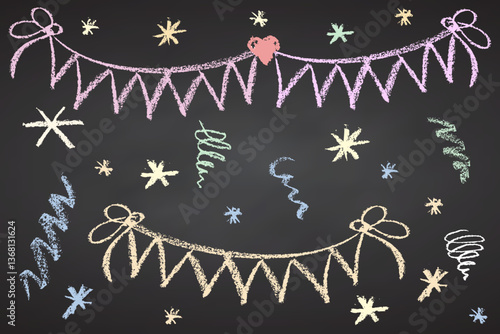 Collection of hand drawn charcoal doodle birthday party simbol shapes Childish girly style. Pencil drawings Color elements on black chalkboard. Vector illustration.