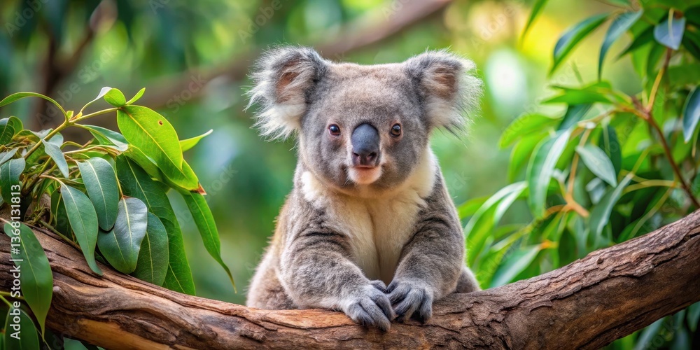Fototapeta premium A koala is sitting in a tree with branches and leaves surrounding it in the Zoo de Beauval, France, cute creature