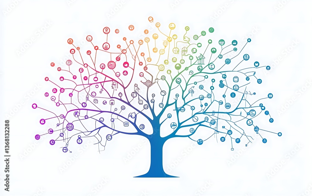 Fototapeta premium A flow chart with multiple connected lines and colorful dots representing data
