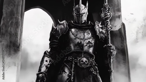 A knight stands powerfully in armor