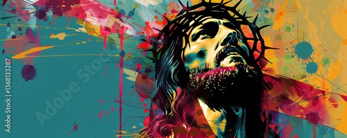 Vibrant painting of jesus christ donning a crown of thorns and gazing upwards with hope