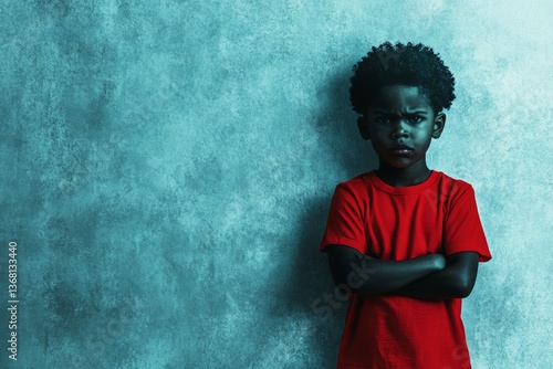 angry African American boy with crossed arms looking at camera against textured wall background