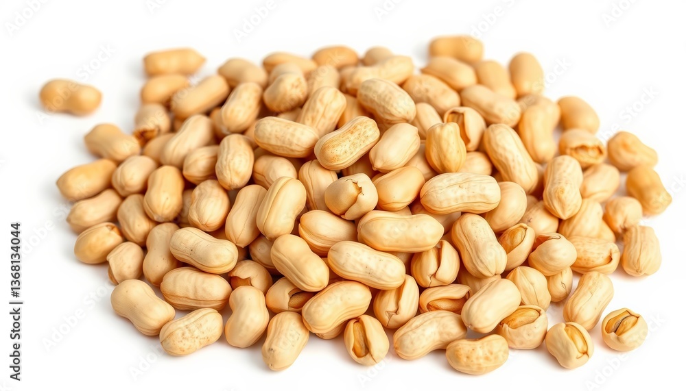 Pile of shelled peanuts isolated on white background, healthy snack, isolated, food photography Pile of shelled peanuts isolated on white background, healthy snack, isolated, food photography