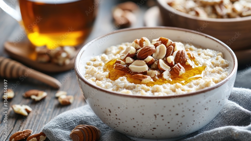 A bowl of hot oatmeal topped with nuts and honey with herbal tea. A bowl of hot oatmeal topped with nuts and honey with herbal tea.