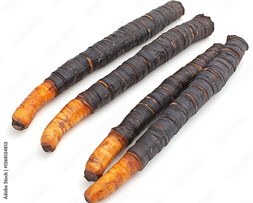 Four long objects with brown and black coloring on white surface Four long objects with brown and black coloring on white surface