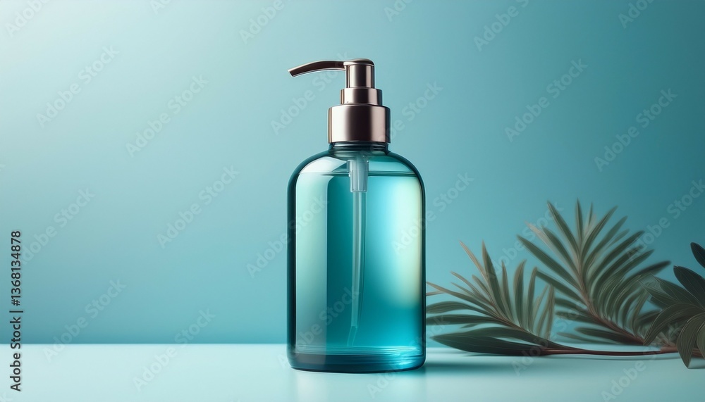 Fototapeta premium cosmetic bottle with a pump dispenser on a light blue background