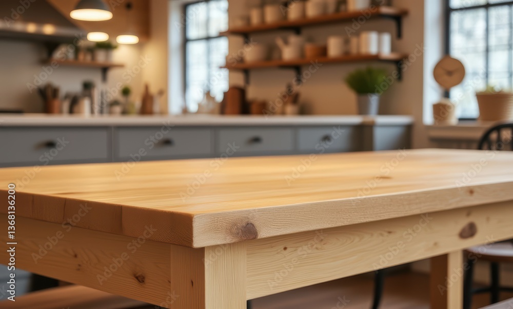 Modern wooden kitchen table in a cozy setting Modern wooden kitchen table in a cozy setting