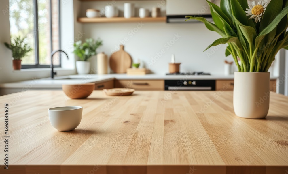 Serene kitchen with wooden table and greenery Serene kitchen with wooden table and greenery