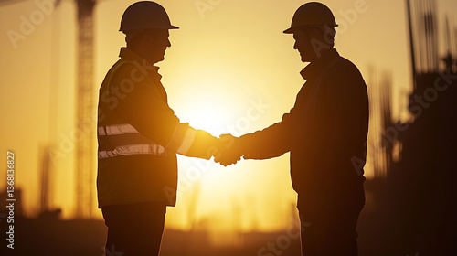 Silhouette of two construction workers shaking hands at a construction site during golden hour light