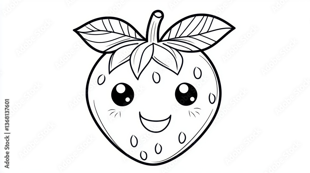 Cute and Happy Cartoon Strawberry with Big Eyes and Leaves Cute and Happy Cartoon Strawberry with Big Eyes and Leaves