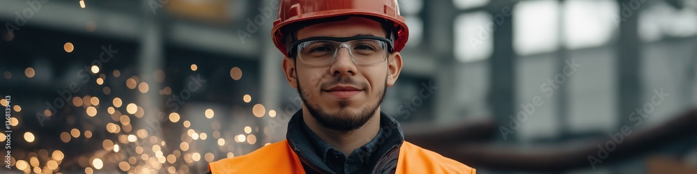 A man in a red hard hat and orange vest stands in front of a building. He is smiling and he is happy A man in a red hard hat and orange vest stands in front of a building. He is smiling and he is happy