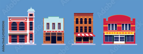 Set of various urban building icons. Isolated municipal buildings, cafe, bistro, bakery, italian restaurant, minimarket on a blue background.  American style houses. Vector illustration. Clip art.