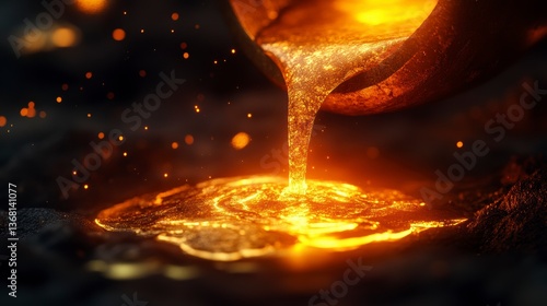 Molten metal pouring into a mold, sparks flying.