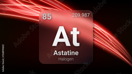 Astatine (At) (085) Halogen, Glass Morphism Element Futuristic Neon Light Glow Background Periodic Table, Chemical Symbol, Name, Atomic Mass, Atomic Number, Vector Illustration