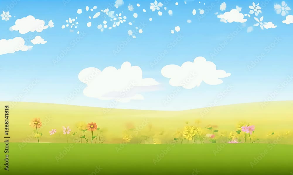Animated Cartoon Illustration Of A Blooming Meadow Scene With Clear Skies Animated Cartoon Illustration Of A Blooming Meadow Scene With Clear Skies