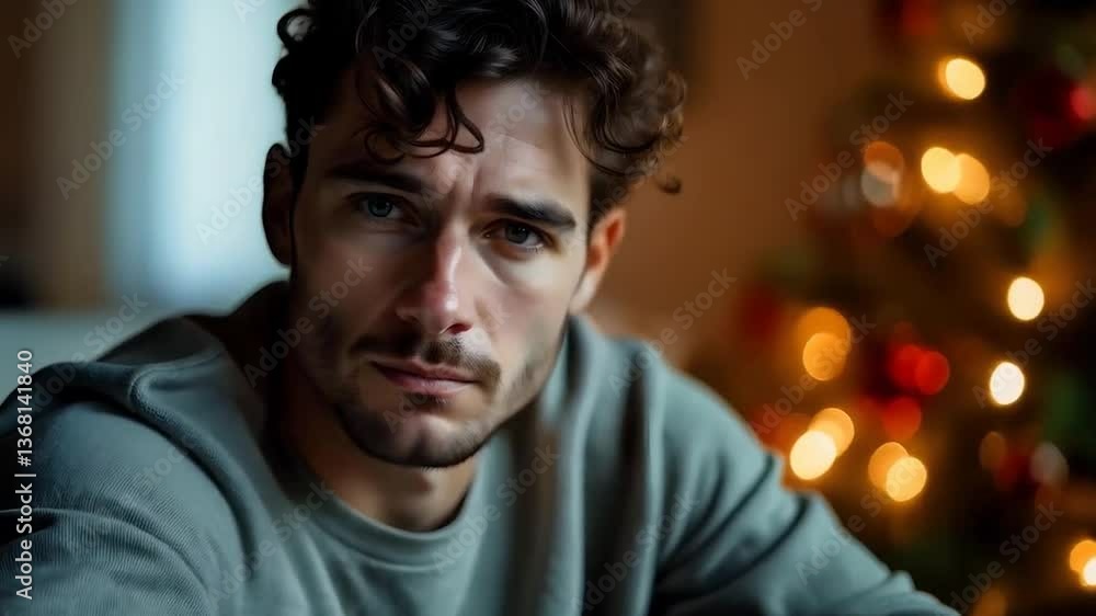 Crying unhappy sad young man alone at Christmas Crying unhappy sad young man alone at Christmas