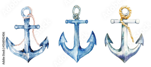 Watercolor Painting of a Nautical Anchor with Rope vector marine illustration