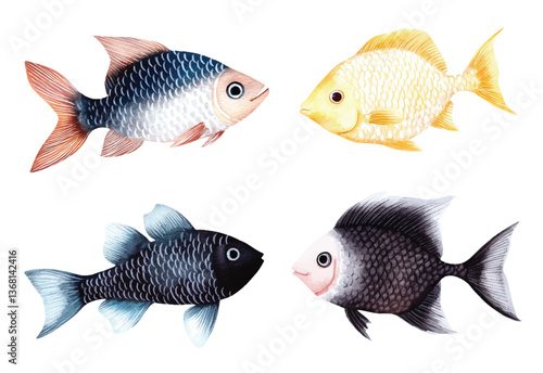 butter flyfish tropical watercolor fish vector illustration, underwater ocean animal art isolated on white background