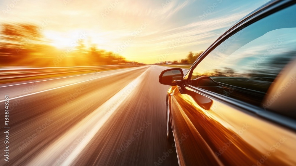 Dark Car Driving on a Highway at Sunset Dark Car Driving on a Highway at Sunset