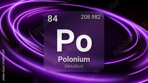 Polonium (Po) (084) Metalloid, Glass Morphism Element Futuristic Neon Light Glow Background Periodic Table, Chemical Symbol, Name, Atomic Mass, Atomic Number, Vector Illustration