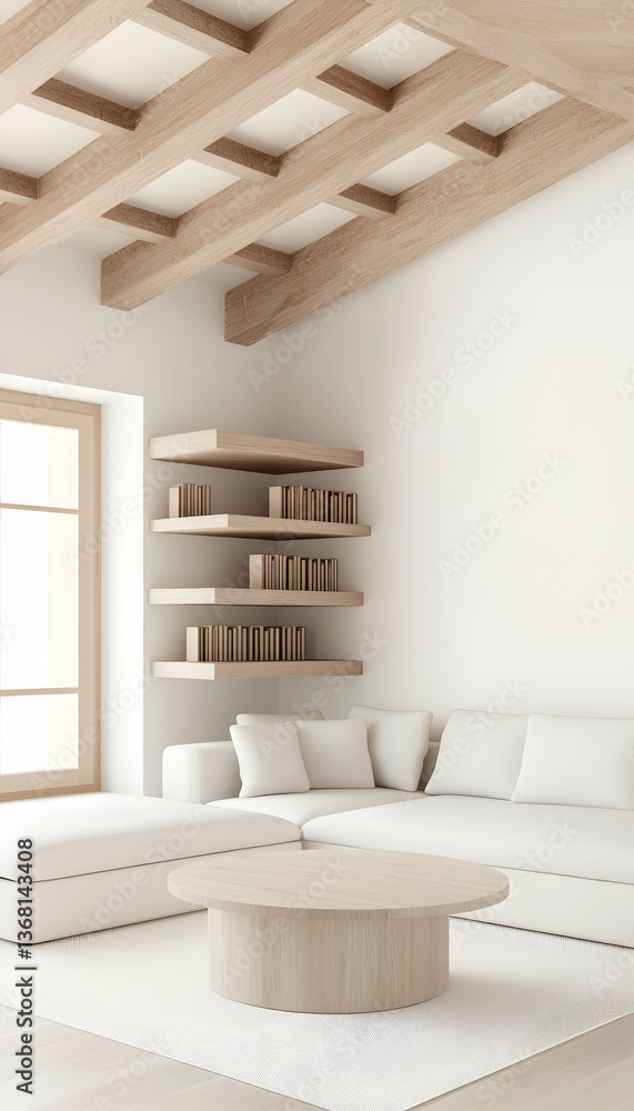 Fototapeta premium Minimalist living room with wooden beams, white sofa, and circular coffee table
