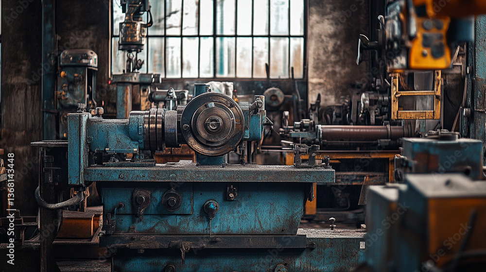 Old blue lathe machine in a workshop with a large window and other machinery in the background Old blue lathe machine in a workshop with a large window and other machinery in the background