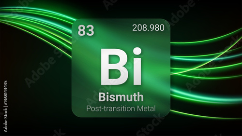 Bismuth (Bi) (083) Post Transition Metal, Glass Morphism Element Futuristic Neon Light Glow Background Periodic Table, Chemical Symbol, Name, Atomic Mass, Atomic Number, Vector Illustration