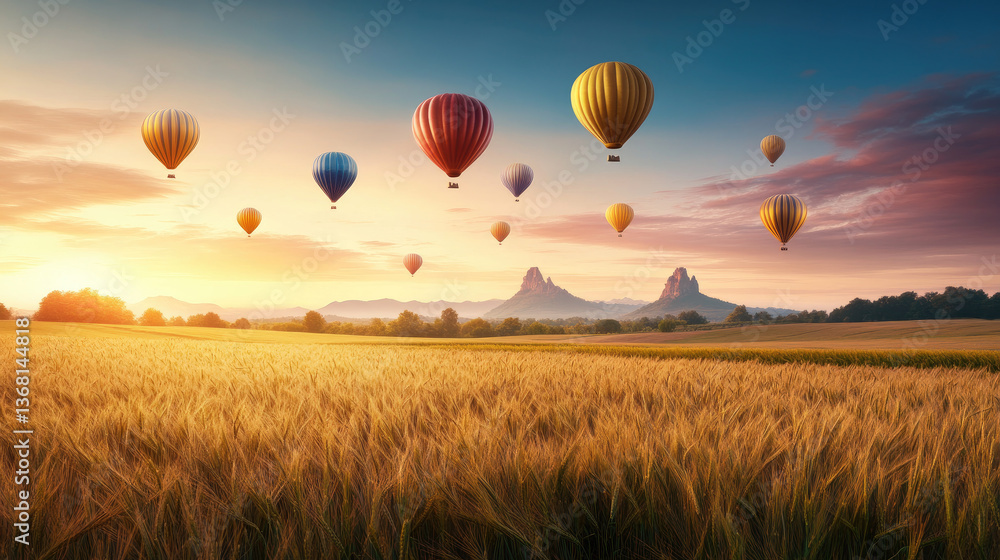 Obraz premium Colorful hot air balloons soaring above golden wheat fields at sunrise landscape photography tranquil environment scenic viewpoint