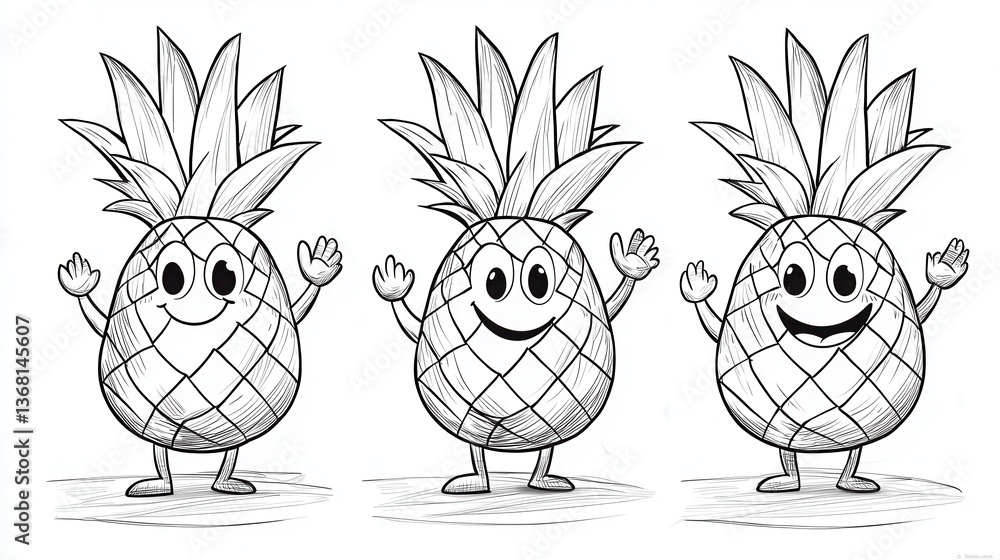 Obraz premium Cute Cartoon Pineapples Waving in Various Poses for Kids' Design