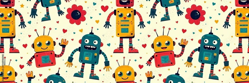 Quirky and cheerful robot design in a seamless repeat pattern, cheerful, repeat Quirky and cheerful robot design in a seamless repeat pattern, cheerful, repeat