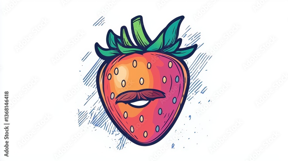 Fototapeta premium Funny Cartoon Strawberry with Mustache and Smiling Face Design