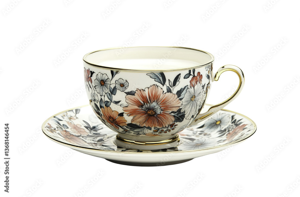 White and gold porcelain tea set.Floating tea cup and saucer with white rose.Cappuccino in a White Mug on a Saucer, White Background White and gold porcelain tea set.Floating tea cup and saucer with white rose.Cappuccino in a White Mug on a Saucer, White Background