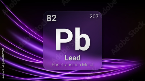 Lead (Pb) (082) Post Transition Metal, Glass Morphism Element Futuristic Neon Light Glow Background Periodic Table, Chemical Symbol, Name, Atomic Mass, Atomic Number, Vector Illustration