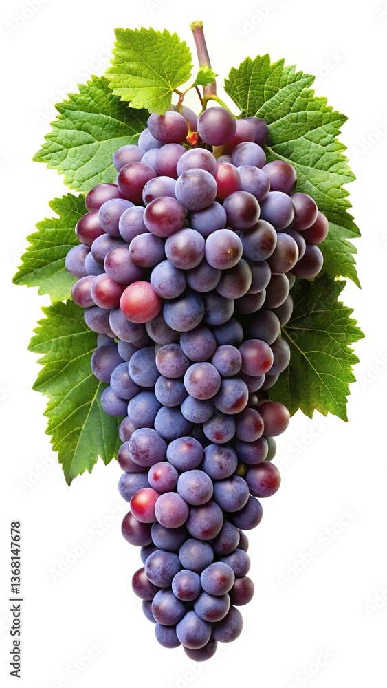 Fototapeta premium A large bunch of ripe red grapes with lush green leaves hanging down