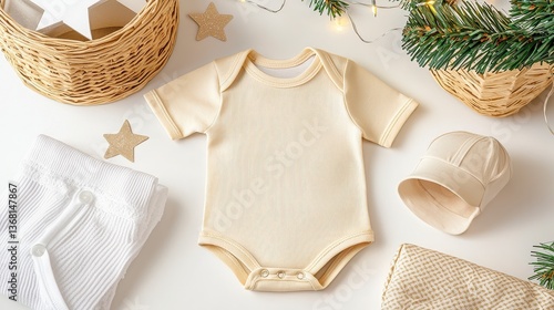 A soft, beige baby onesie is arranged with a cap, white blankets, and decorative elements, creating a cozy, charming scene.