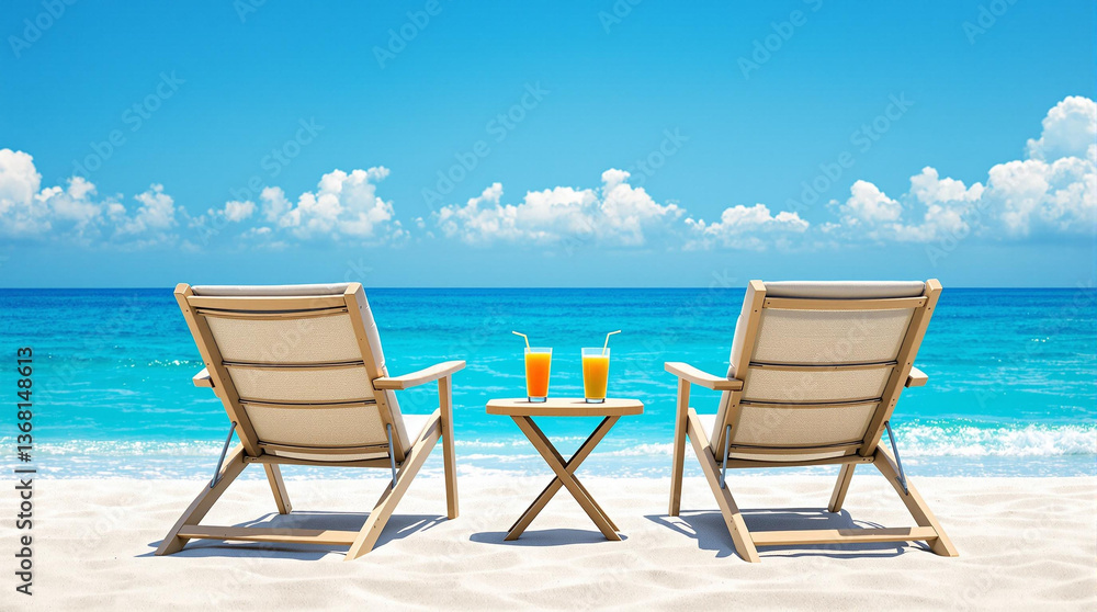 Beach vacation with chairs and cocktails against a blue ocean Beach vacation with chairs and cocktails against a blue ocean
