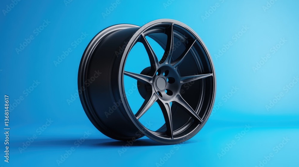 Obraz premium A matte black alloy wheel resting against a vibrant blue background with soft gradient lighting.